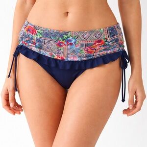 Gottex Profile Blush Bikini Bottom M NWT Navy Floral Ruffle Side Tie Boho Swim